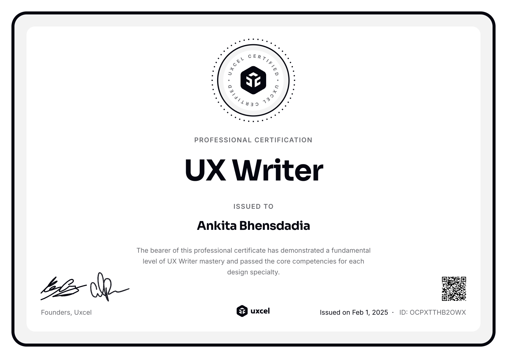 Ankita Bhensdadia's certificate